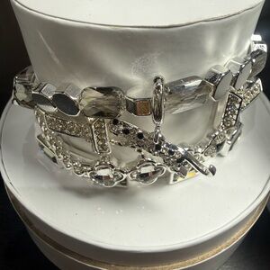 Silver-Tone Multi-Chain Charm Bracelet with Crystal Detailing